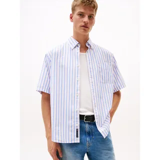 Kurzarmhemd TOMMY JEANS "TJM POPLIN RLX SS SHIRT EXT", Herren, Gr. 4XL, N-Gr, beige (ecru stripes), Web, Obermaterial: 100% Baumwolle, gemustert, gestreift, mehrfarbig, regular fit normal, Rundhals, eingesetzt abgesteppte Kante, Hemden Kurzarmhemd, Mit Rundhalsausschnitt