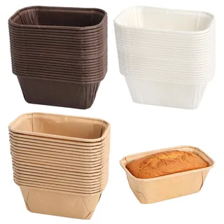 UOCAI 150 Stück Rechteck Kuchenformen Mini Kastenform Brotbackform Papierbackform Papier Muffinförmchen Muffins Papierförmchen Kleine Backformen für Cupcake Brot Desser Weiß, Braun, Khaki 8 * 4 * 4cm