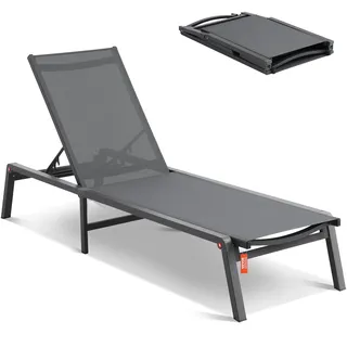 VEVOR Chaiselongue-Sessel für den Außenbereich, Aluminium-Terrassen-Liegestuhl mit 5 verstellbaren Positionen, klappbarer Pool-Liegestuhl, Liegestuhl und komplett flacher Sonnenstuhl für Terrasse, Strand, Pool, Dunkelgrau