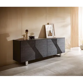 DELIFE Sideboard Tereos 200 cm Esche Dunkelbraun 3D Effekt 4 Türen Kufe Edelstahl gebürstet - Dunkelbraun, Braun