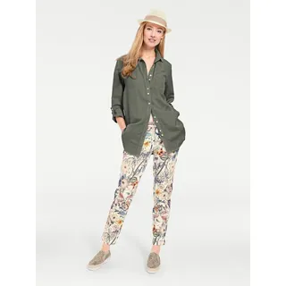 Longbluse HEINE, Damen, Gr. 44, grün (khaki), 55% Baumwolle, 45% Leinen, unifarben, Blusen Longbluse