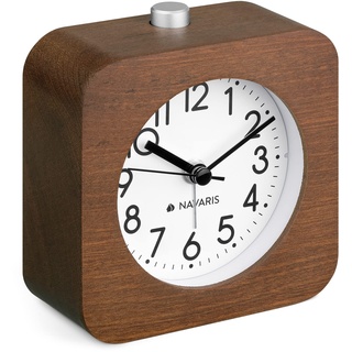 Navaris Analog Holz Wecker mit Snooze - Retro Uhr Viereck Design mit weißem Ziffernblatt Alarm - Leise Tischuhr ohne Ticken - Holzwecker Dunkelbraun