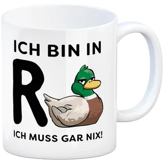Ente Ruhestand Kaffeebecher mit Spruch Ich bin in R-Ente Ich muss gar nix Lustige Tasse für Ruheständler Rentner Tier Wortspiel Ideal für Reise Rententasse