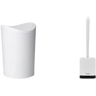 TATAY Badezimmereimer mit Kippdeckel, 6 l Fassungsvermögen, weiß + Silikon-Klobürste, flexibel, mit Schnelltrocknungsfunktion, graue Bürste.