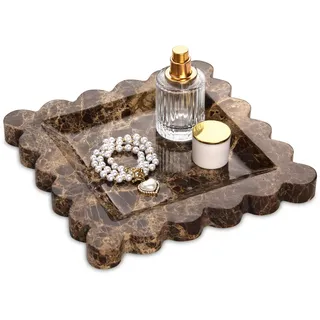 Marmor Badezimmer Tablett Gewelltem,Dunkelbraun, 20 x 20 cm | Natürlich, Luxuriös, Kosmetiktablett, Schmuckschale, Dekotablett, Tablett für Kommode, Parfüm, Toilette, Schlüsselringablage