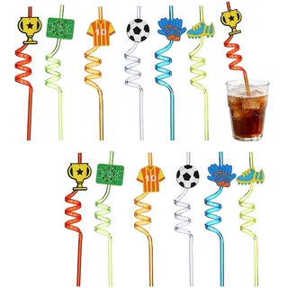Fußball Party Strohhalm Set 12 Stück wiederverwendbar Bunt 26.5cm Kunststoff Silikon für Erwachsene Geburtstag Sommerfest Beachparty Trinkhalme Deko für Erwachsene Handwerk & Party