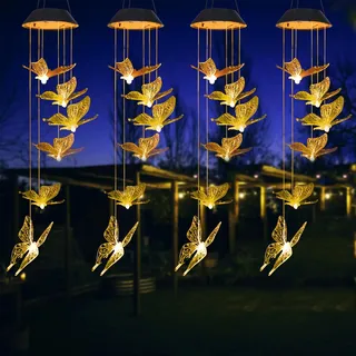 ZVO Schmetterling Solar Windspiel Garten - 4er Set Solar Schmetterlinge für außen Hängend, Balkondeko Hängeleuchte für Mama Oma Kind - Warmes Licht