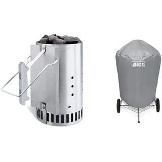 Weber 7176 Grill-Abdeckhaube für Holzkohlegrills mit einem Durchmesser von 57 cm, Grau, 15.9 x 22.7 x 3.8 cm & 7416 Anzündkamin Rapidfire, Grillen mit Kohle, Anzünden, 19 x 19 x 30.5 cm