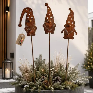 Terma Stahldesign 3er Set XXL Winterzwerg Gartenstecker 118 cm Wichtel aus Edel Rost Metall Weihnachtsdeko Outdoor für Garten, Beet & Eingangsbereic