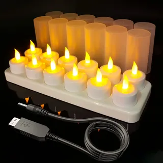 SoulBay 12er Wiederaufladbare Teelichter Kerzen, Batteriebetriebene Flammenlose LED Kerzen Kabellose mit Ladestation Gefrosteter Tassen und USB-Kabel für Weihnachten Haus Raum, Warmes Gelbes