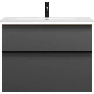 burgbad Eqio Slim Keramik-Waschtisch inklusive Waschtischunterschrank mit LED-Beleuchtung, 820x490x640mm, SHBU082F6584C0001G0252, Farbe: Dunkelgrau Matt / Dunkelgrau Matt, Griffleiste Schwarz Matt