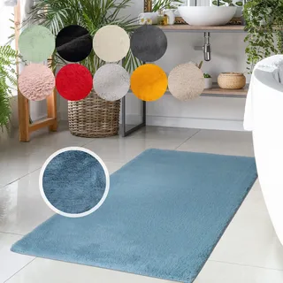 Badematte CARPET CITY "Topia Mats, Badteppich uni", blau, H:14mm, Polyester, Badematten, Badematte, Hochflor, Kaninchen Haptik, Polyester, Badezimmerteppich, waschbar