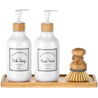 Seifenspender-Set für die Küche, 473 ml, Seifenspender mit Bambuspumpe, Seifenschale und Spülbürste, Badezimmer-Seifenspender-Set mit Wasserdichten Etiketten für Handseifenschale, Lotion (weiß)