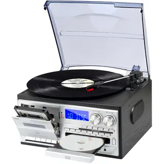 JORLAI Vintage Record Player 3 Geschwindigkeiten Plattenspieler mit Fernbedienung, Vinyl Bluetooth mit eingebauten Lautsprechern CD/Kassette AM/FM Radio USB/SD/MMC 3.5mm Aux-in/RCA-Out, Schwarz