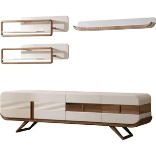 Weiße Wohnzimmer Wohnwand Designer Lowboard 2x Regale Holz Möbel 4tlg - Beige
