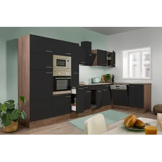 Winkelküche Oliver L-Form 370 x 172 cm E-Geräte schwarz seidenglanz/eiche york nachbildung