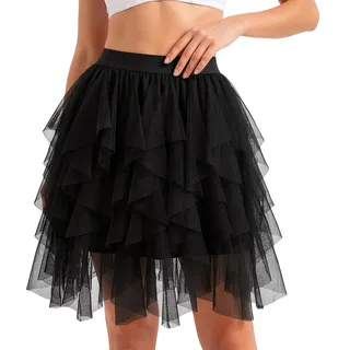 Alaoo Damen Tüll Röcke, Unregelmäßiger Tüllrock, High Low Layered Puffy Fee Röcke, 50er Rockabilly Petticoat Retro, Mehrschichtiger Mesh Faltenrock A-Linie Midi Rock für Party Karneval,Schwarz,L