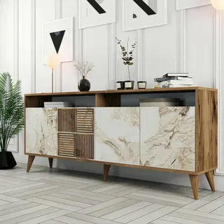 Dmora - Konsolentisch Virgo, Wohnzimmer-Sideboard, niedriger TV-Schrank, ausgestatteter Wandsockel, 180 x 35 h79 cm, Walnuss und weißer Marmor