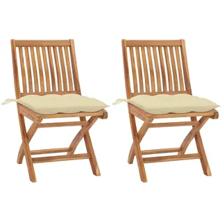 Gartenstühle 2 Stk. mit Cremeweißen Kissen Massivholz Teak - Creme, Bunt