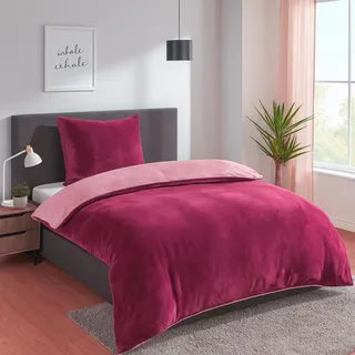 Heimtexland Teddy Flanell Wende Bettwäsche Set I Winter Bettbezug I kuschelig weich und warm I Kopfkissen 80x80 I Bettdecke 155x220 I Cashmere Touch Geschenkidee Weihnachten Typ751 Malve - Dunkelrosa