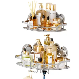 TAILI Duschablage Ohne Bohren,Einstellbar Ecke Dusche Caddy Saugnapf 2er Set Dusche Zubehör mit Haken Rostfrei Schwarz Duschregal Organisator für Küche Badezimmer, Silber