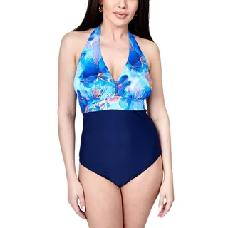 Badeanzug AQUARTI "Badeanzug Damen Badeanzug Bauchweg Sport Bademode Neckholder V-Ausschnitt", Damen, Gr. 36, N-Gr, blau (modell d3 dunkelblau, tie dye blau), Obermaterial: 80% Polyamid PA. 20% Elasthan EL., Badeanzüge Badeanzug