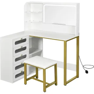 Schminktisch - L-förmiger Eck-Kosmetiktisch - 5 Schubladen - LED-Spiegel - Hocker inklusive - Viel Stauraum - Metallgestell - Weiß