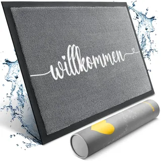 Bodenständig® Willkommen Fußmatte [Waschmaschinenfest] in 40x60cm - optimale Größe für die Haustür. Schmutzfangmatten innen, Welcome mat Spruch und Herz