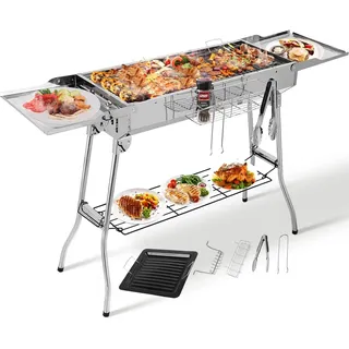 TLGREEN Holzkohlegrill,Tragbarer Kohlegrill Edelstahl für Garden Picknick | Klappgrill,BBQ Charcoal Grill mit Antihaft-Pfanne,Verstellbare Lüftungsschlitze,4PCS Stützbein,Camping Grill 122 * 30 * 75cm