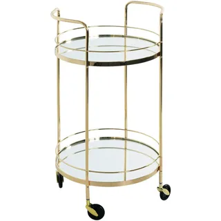Servierwagen , Messingfarben , Metall, Glas , rund , Rundrohr , 48x80x48 cm , Flaschenfach, offenes Fach , Esszimmer, Barmöbel, Barwagen