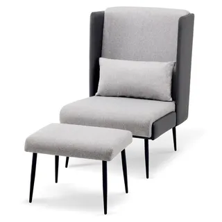 Ohrensessel mit Hocker, Polstersessel Relaxsessel für Wohnzimmer, Lesesessel Bequem, Fernsehsessel mit Flügelrücken, Loungesessel Modern, Stoff/Kunstleder Grau - Grau