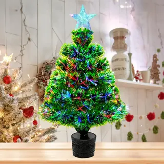 Kleiner Tisch-Weihnachtsbaum, vorbeleuchtete künstliche Mini-Weihnachtsbäume aus Glasfaser, beleuchteter Baumkronen-Stern, mehrfarbiger Kleiner Weihnachtsbaum für Tisch/Fenster/Party