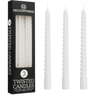 DECO EXPRESS Stabkerzen Set 3er oder 6er Tropffreie Stabkerzen Gedrehte Spiralkerzen Bunte Kerzen Brenndauer 6 Stunden Unparfümiert (Weiß, 3er-Pack)