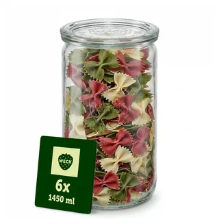 Weck Gläser 1450ml – 6er Set mit Deckeln – Zylinderform – robuste, stapelbare Vorratsgläser & Einweckgläser - Glasbehälter ideal für Meal Prep, Sauerteig & Fermentieren – Made in Germany