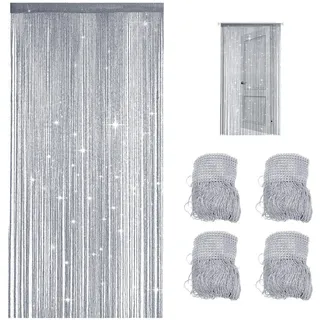 4 Stück Fadenvorhang Türvorhang, 100x200cm Fadengardine Glitzer, Raumteiler, Fadenvorhang Insektenschutz, Zimmer Fransenvorhang Geeignet für Hochzeiten, Cafés, Restaurants, Türen, Silbergrau