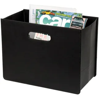 HofferRuffer Zeitungskorb aus Leder mit Griff, Zusammenklappbarer Zeitschriftenkorb Ständer 35 x 19 x 27 cm, Zeitungenaufbewahrung Organizer Schwarz