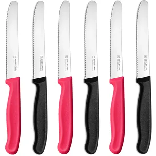 targzier Frühstücksmesser 6 Stück, Edelstahl Tafelmesser,Langlebiges Brötchenmesser,Kunststoffgriff Tomatenmesser Wellenschlif,Bunte Brotzeitmesser,Scharfe Messer,Schwarz und Pink Schneidemesser