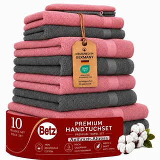 Betz Handtuchset Premium 10-teilig aus 100% Baumwolle – Premium Frottier 470 g/m2 | 2 Duschtücher 70×140 cm, 4 Handtücher 50×100 cm, 2 Gästehandtücher, 2 Waschhandschuhe | Farbe Anthrazit & Altrosa