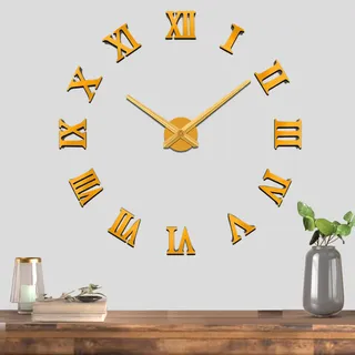 Mintime Rahmenlose 3D DIY Wanduhr XXL Stumm Spiegel Aufkleber Home Office Schule Dekoration (Gold)