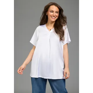 Satinbluse LAURA SCOTT CURVE "Große Größen", Damen, Gr. 48/50, weiß, Satin, Obermaterial: 100% Polyester. Rückenteil: 94% Viskose, 6% Elasthan, figurumspielend Po-bedeckend, V-Ausschnitt, angeschnitten, Blusen Satinbluse, figurumspielende Passform, mit Falteneinsatz vorne, V-Ausschnitt