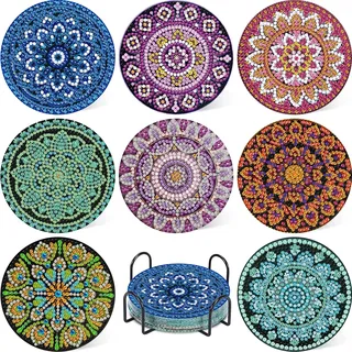 Daisen Art 8 Stück Diamond Painting Untersetzer Mandala Diamond Painting Coasters with Holder, Mandala Diamond Cup Coasters 5D DIY Mandala Untersetzer Rutschfest für Anfänger, Erwachsene & Kinder