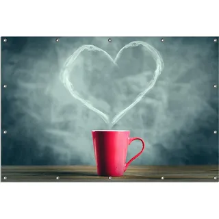 Wallario Outdoor-Poster für Garten oder Balkon, Motiv Tasse mit Kaffee - herzförmiger Dampf, in ca. 120 x 180 cm - Blau