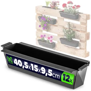 KADAX Pflanzkasten 12er Set für Paletten mit Hängesystem, 37x9 cm Schwarz, zum Bepflanzen & Dekorieren als Balkonkasten, Blumenkasten für Europalette, Blumentopf-Einsatz & Übertopf in Palettengärten