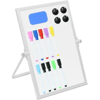 Relaxdays Whiteboard Tisch, 30x20 cm, magnetisch, 360° drehbar, mit Stiften, Magneten, Schwamm, Magnettafel, weiß/Silber