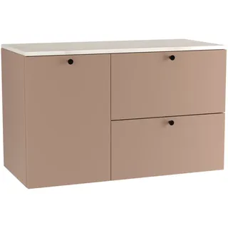 WENA Waschtischunterschrank 100 cm mit Wäschekorb, glatte Fronten, Griffe aus Metall in der Farbe Schwarz (Farbe: Dunkelrosa/Marmur Bianco) - Dunkelrosa, Rosa