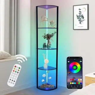 5 Stufige RGB Eckregal Stehend, LED Stehlampe Wohnzimmer 160cm, Stehlampe mit Regal aus Holz Über App & Fernbedienung, 6 Farbtemperaturen 2700-6500K, Eckvitrine Standleuchte Wohnzimmer Schlafzimmer