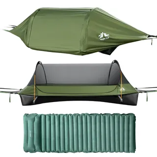 Night Cat Hängematte Outdoor Wetterfest: Hängemattenzelt Flach Liegend mit Moskitonetz Tarp und Aufblasbare Schlafmatte XXL für 1 Personen Camping Trekking und Garten