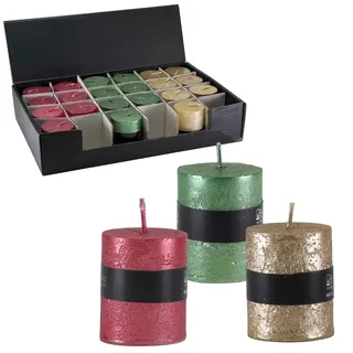 24x Rustikale Metallic Mini Kerzen ca. 4 x 5 cm Stumpenkerzen Set im glänzenden Antik Look in Rot, Grün und Gold