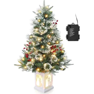 90 cm Künstlicher Weihnachtsbaum mit 78 Warmweißen LEDs – Pre-Lit Premium Snow Flocked Baum mit 8 Beleuchtungsmodi, Snowman-Dekobasis, Für Innen & Außen