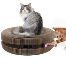 Pawaboo Katzenspielzeug Lounge Bett, Hochwertiges Recyceltes Wellpappenpapier Interaktives Katzenspielzeug Kratzbaum Rund Bett mit Klingel für Katzen Kätzchen - Beige